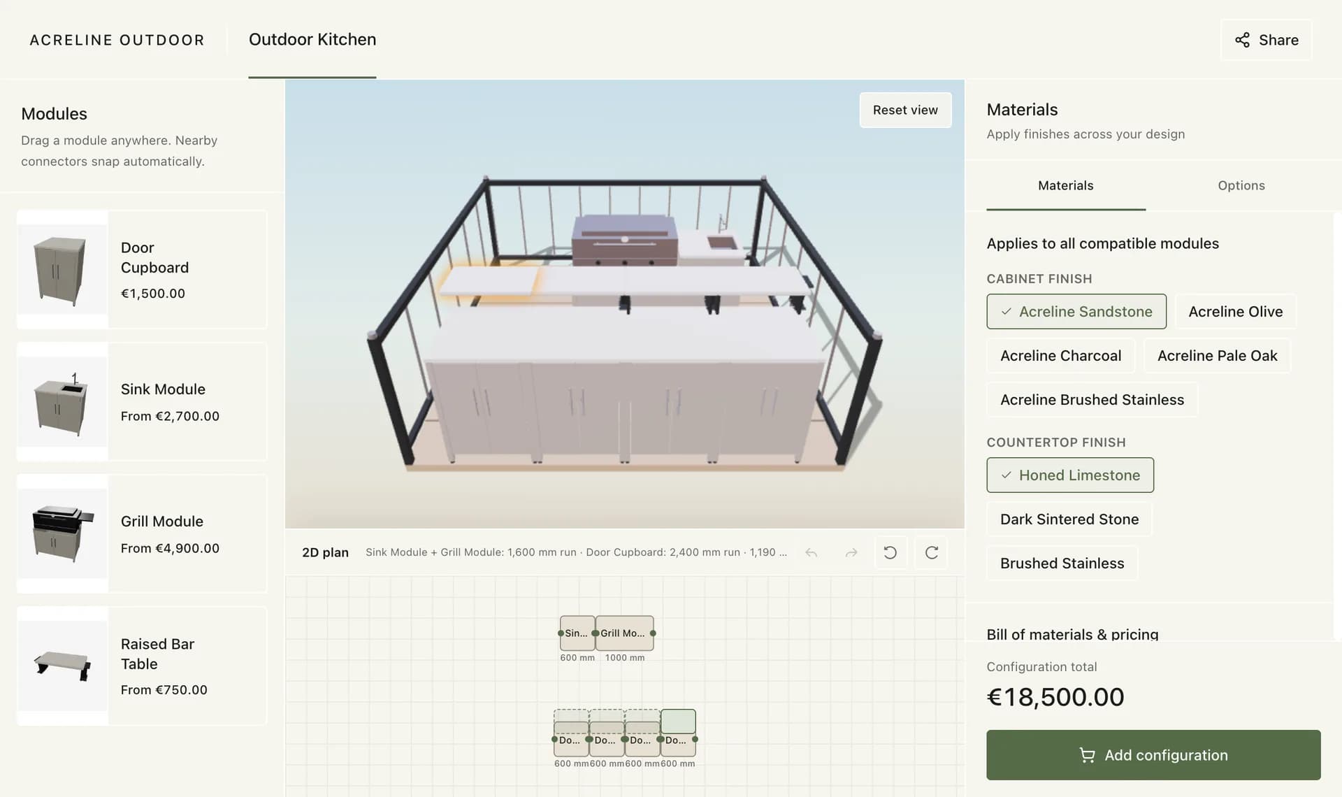 Acreline configurator showing a modular outdoor kitchen in 3D, a module rail, material choices, a 2D plan, and a €18,500 sample total